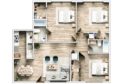 3 Bedrooms, 2 Bathrooms A top-down view of a house layout with a kitchen, living room, and bedrooms.